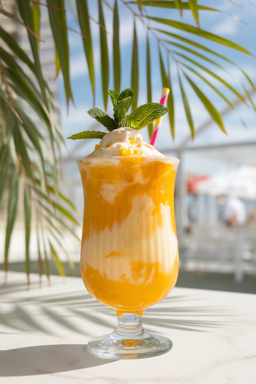 A refreshing Mango Tango Float with mango puree and vanilla ice cream, garnished with mint, in a sunny setting.